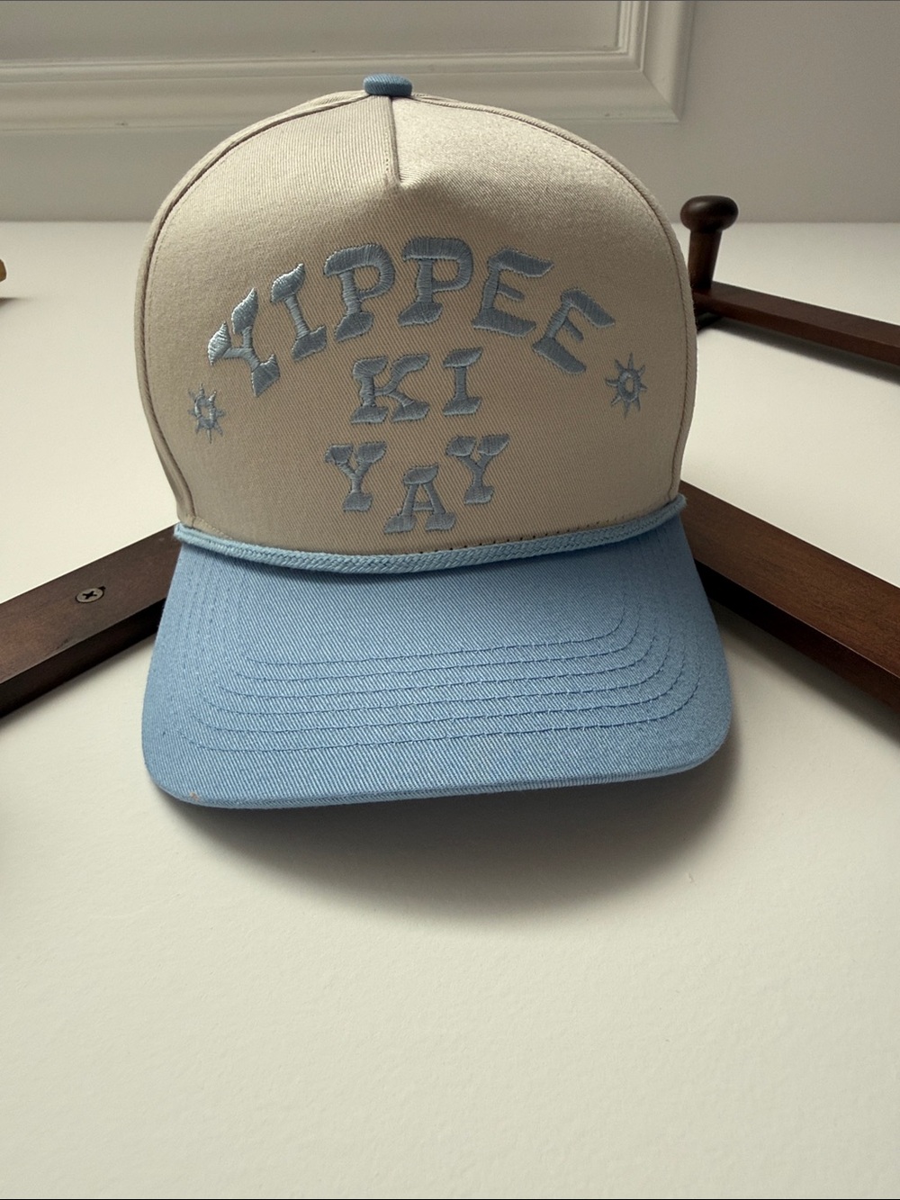 Yippee Ki Yay Embroidered Trucker Hat - Light Blue & Cream
